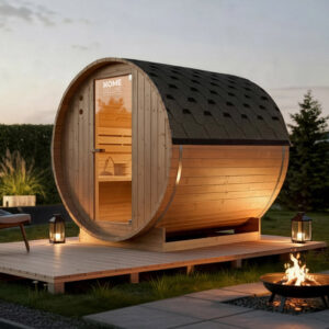 Gartana Outdoor Fasssauna 195×180 cm | 6 kW Ofen für 4 Personen Fichtenholz