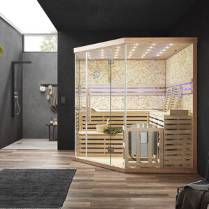 Gartana SKYLINE BIG XL Traditionelle Sauna Kunststeinwand LED Hemlock-Holz