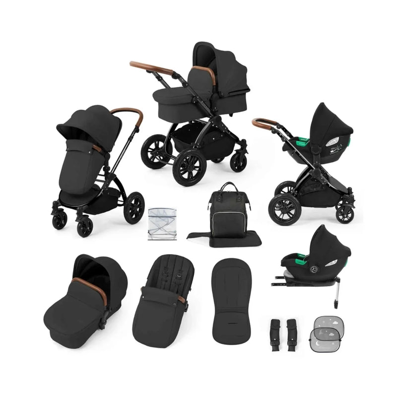 Ickle Bubba Stomp Luxe 12 Piece Travel System with i-Size Cirrus Car Seat & ISOFIX Base - Black/Charcoal Grey/Tan
